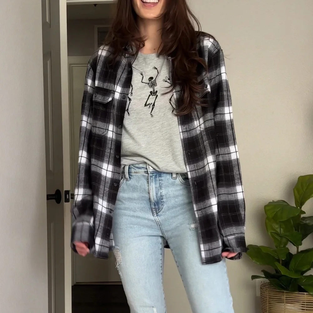 Plaids shacket women oversized jacket cardigan button shacket - Picture 2 of 3